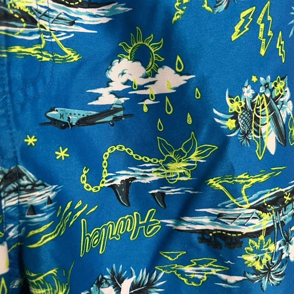 HURLEY Classic Doodle Isle Drawstring Board Shorts Swim Trunks Blue Green Boys L